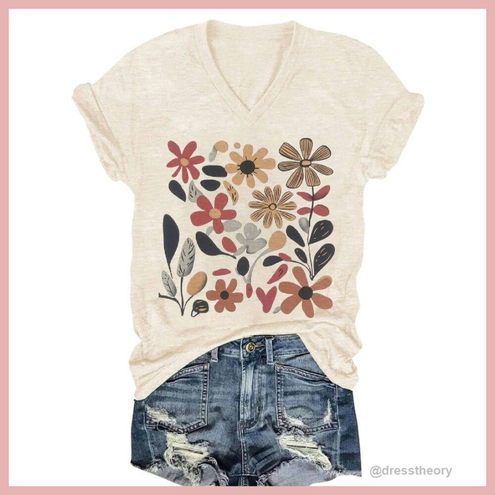 Women's V-Neck Floral Graphic Tee Loose Fit Summer Casual T-Shirt
